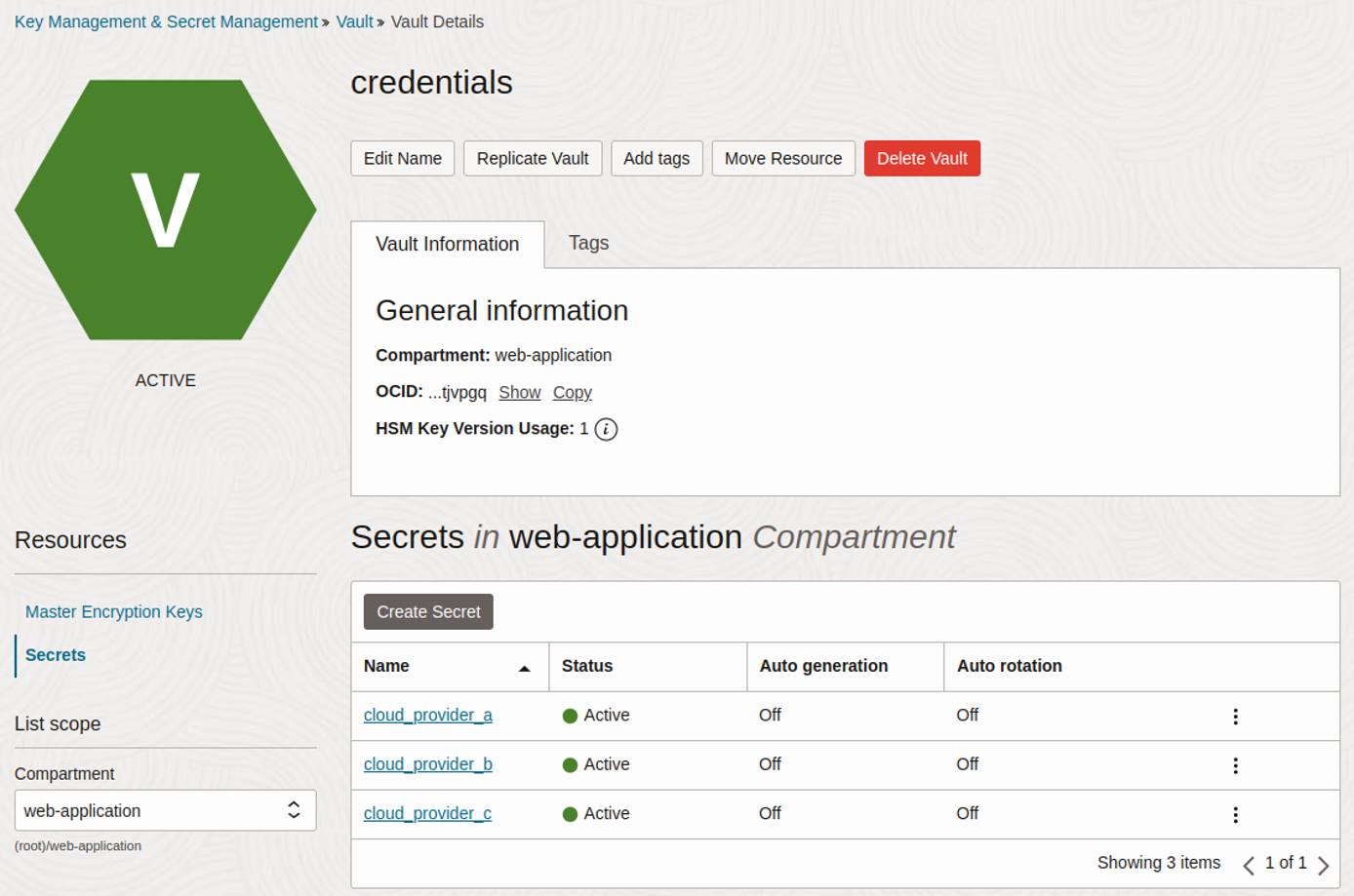 Oracle Vault UI displaying secrets in selected vault.