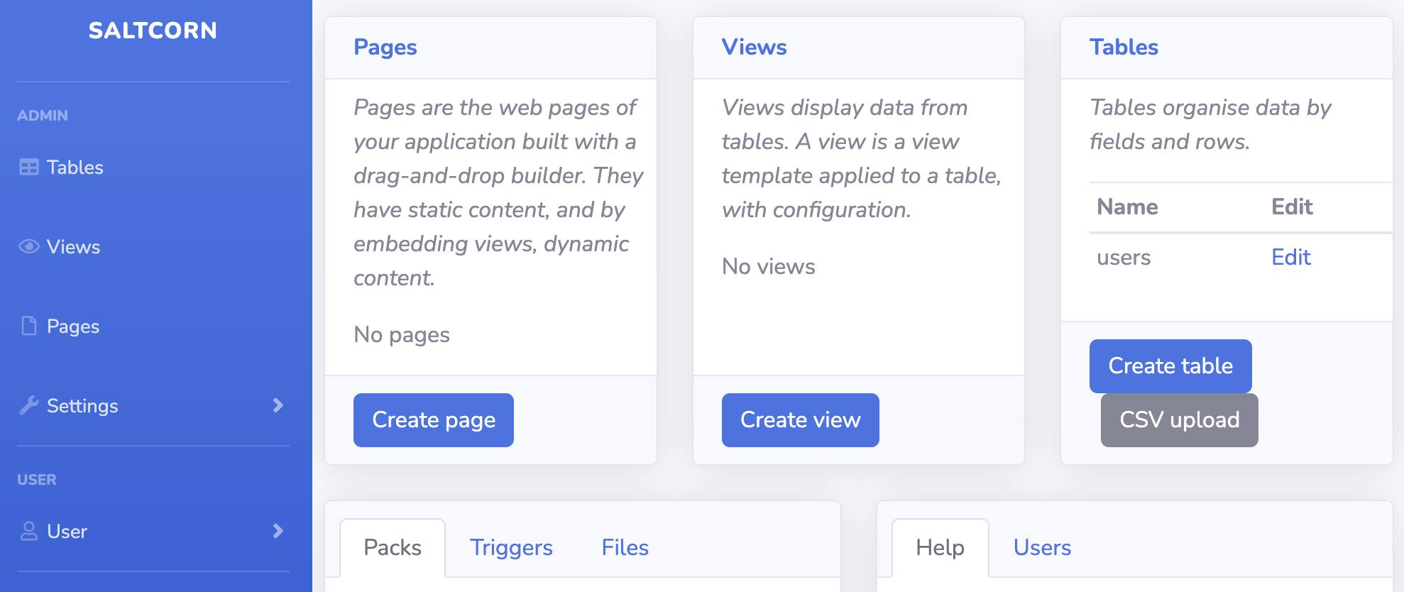 The Saltcorn admin dashboard The Saltcorn admin dashboard
